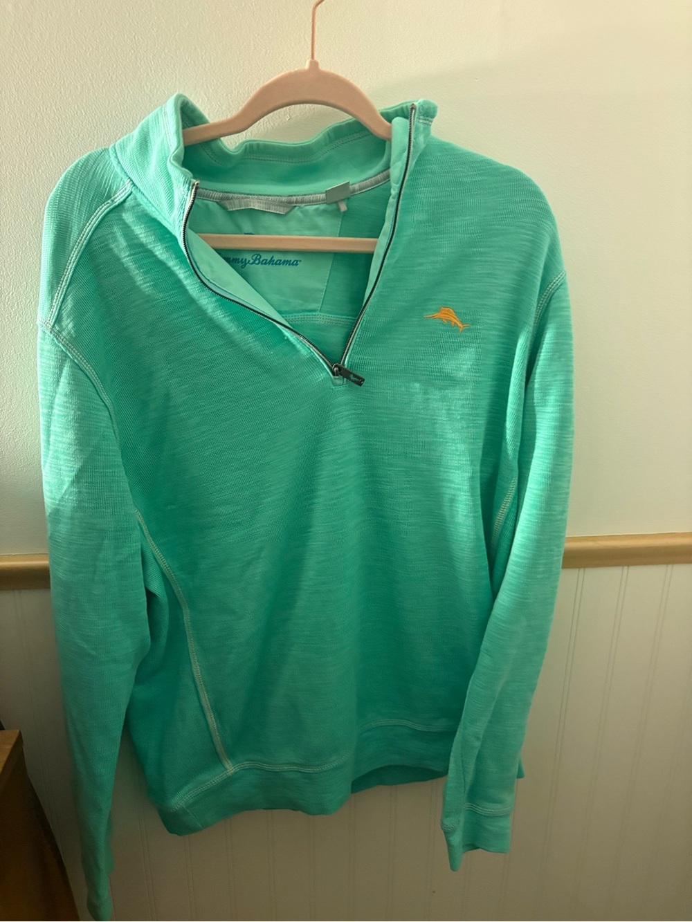 Tommy Bahama Mens M Aqua Turquoise Quarter Zip Pullover Marlin Logo